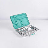 Suztain matboks i stål med 5 rom og mintfarget lokk på hvit bakgrunn