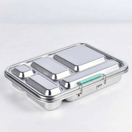 Suztain matboks i stål med 5 rom og mintgrønn lukkemekanisme på hvit bakgrunn