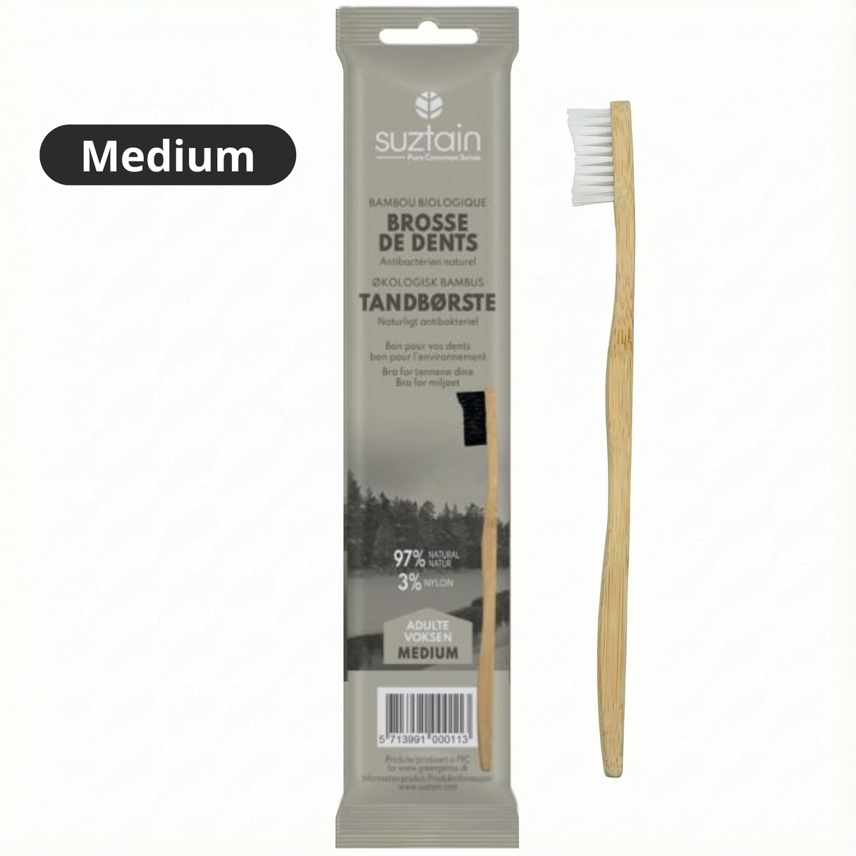Suztain Tannbørste i Bambus Voksen Medium - Hvit