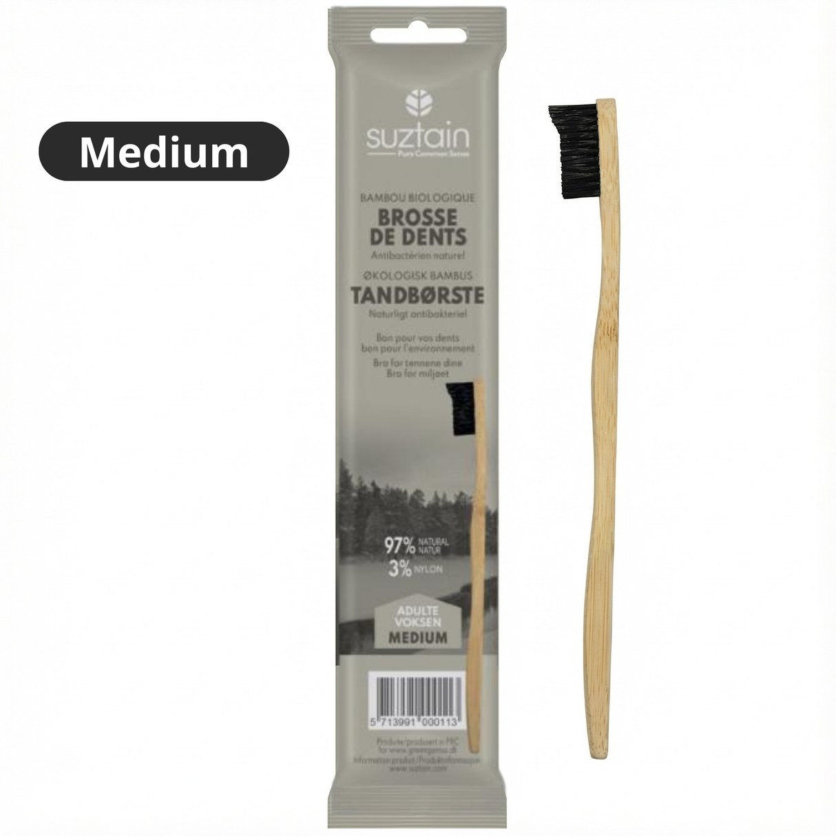 Suztain Tannbørste i Bambus Voksen Medium - Sort