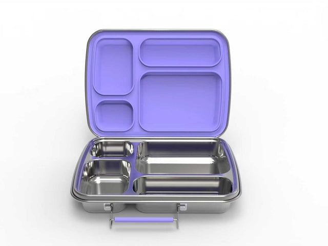 Suztain lilla Matboks med 4 Rom, i  rustfritt stål med silikoninnlegg, sett forfra med lokket åpen Suztain.no