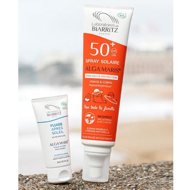 Laboratoires de Biarritz solkrem SPF50+ 150ml og After Sun 30ml i hvit og oransje emballasje, side ved side