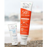 Laboratoires de Biarritz solkrem SPF50+ 150ml og After Sun 30ml i hvit og oransje emballasje, side ved side