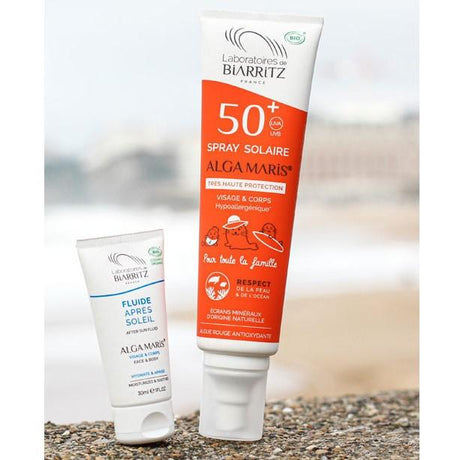 Laboratoires de Biarritz solkrem SPF50+ 150ml og After Sun 30ml i hvit og oransje emballasje, side ved side