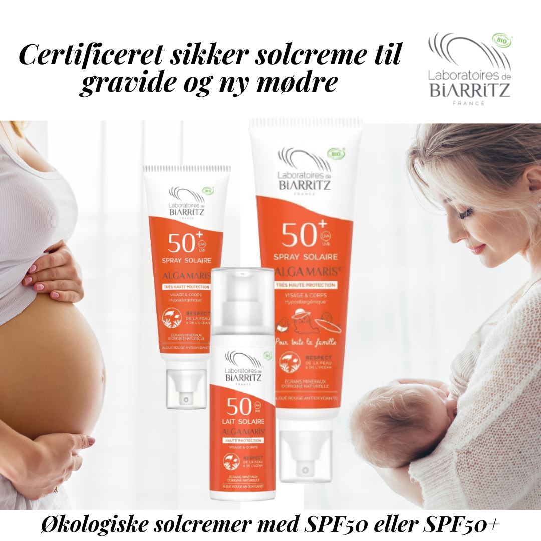 Laboratoires de Biarritz solkremer i hvit og oransje emballasje, i bruk på gravide og ammende kvinner