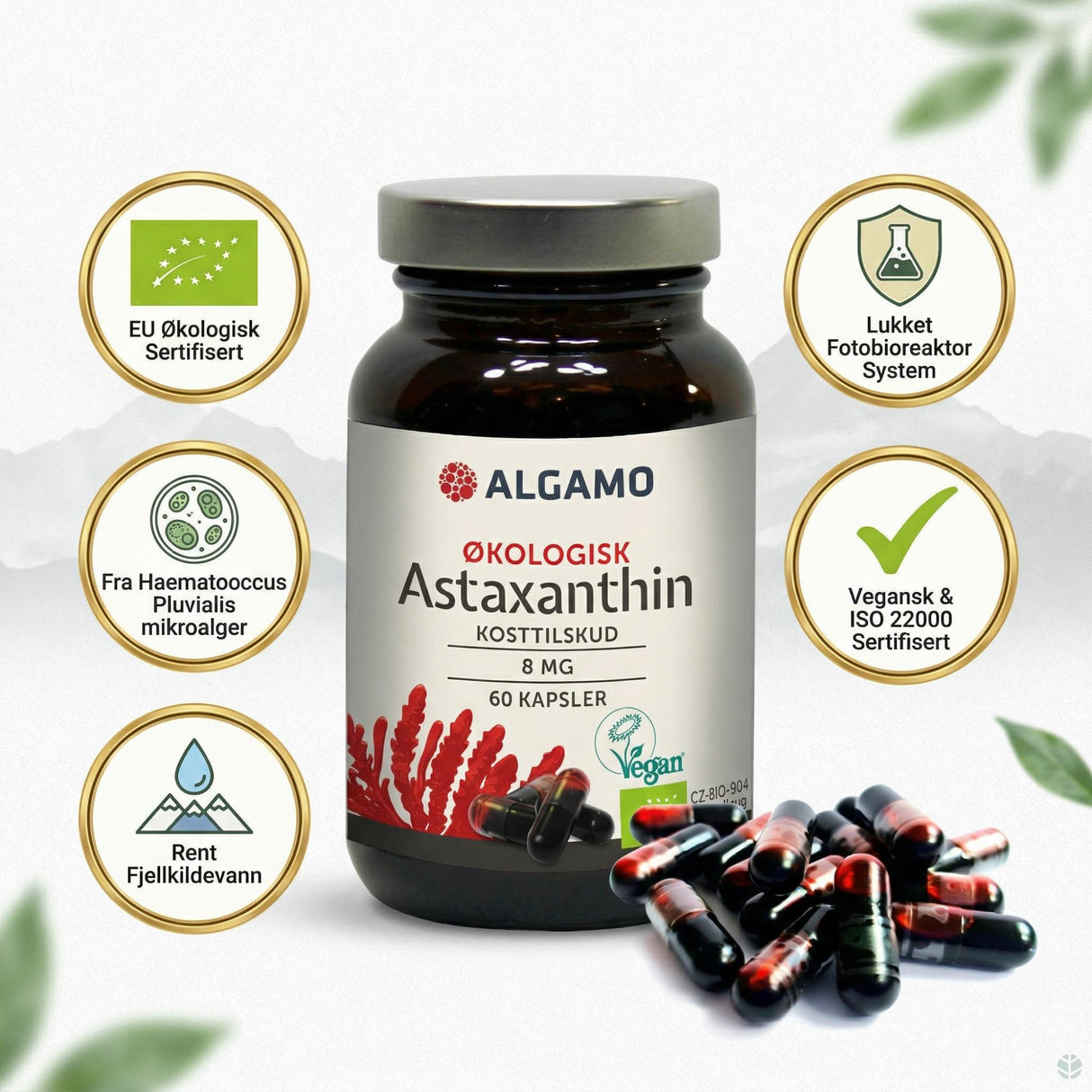 Algamo kosttilskudd Astaxanthin 8 mg 60 kapsler i glassflaske, med tilhørende informasjonsikoner