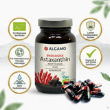 Algamo kosttilskudd Astaxanthin 8 mg 60 kapsler i glassflaske, med tilhørende informasjonsikoner