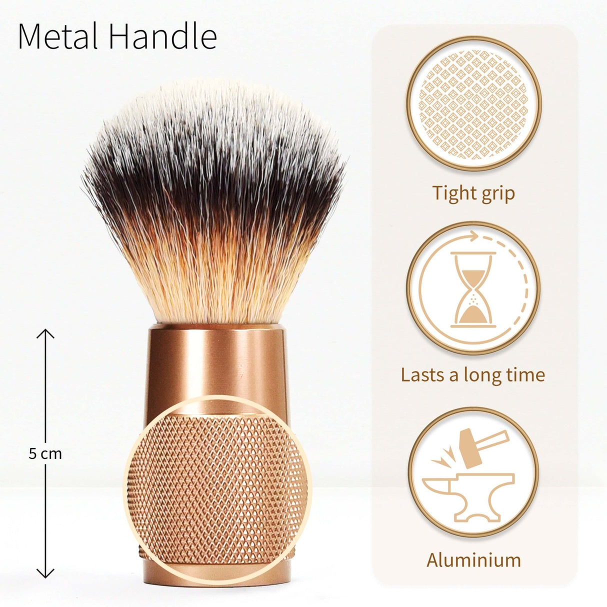 Bambaw Barberbørste Rose Gold i aluminium og syntetiske fibre, med størrelsesguide og ikoner for egenskaper