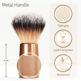 Bambaw Barberbørste Rose Gold i aluminium og syntetiske fibre, med størrelsesguide og ikoner for egenskaper