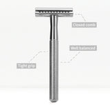 Bambaw barberhøvel med holder Silver i metall, med tekstuelle detaljer om designet