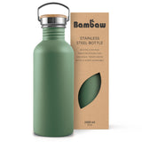 Bambaw Drikkeflaske 1000ml Sage Green i rustfritt stål, vist i emballasje med utskjæring