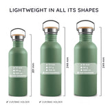 Bambaw Drikkeflaske 1000ml Sage Green i rustfritt stål, størrelsesguide som viser tre flaskevarianter