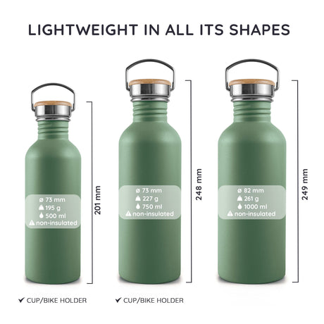 Bambaw Drikkeflaske 1000ml Sage Green i rustfritt stål, størrelsesguide som viser tre flaskevarianter