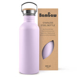 Bambaw drikkeflaske 500ml Lavender i rustfritt stål, vist i emballasje med utskjæring