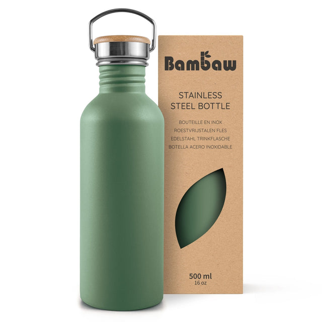 Bambaw drikkeflaske 500ml Sage Green i rustfritt stål, vist i emballasje med logo Suztain.no