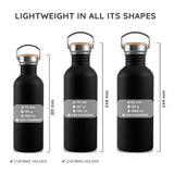 Bambaw drikkeflaske 500ml, 750ml og 1000ml sort i rustfritt stål, størrelsesguide som viser mål og vekt