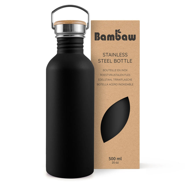 Bambaw drikkeflaske 500ml sort i rustfritt stål, vist i emballasje med logo og størrelse Suztain.no
