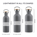 Bambaw Drikkeflaske 500ml Stormy Grey i rustfritt stål, størrelsesguide som viser tre varianter