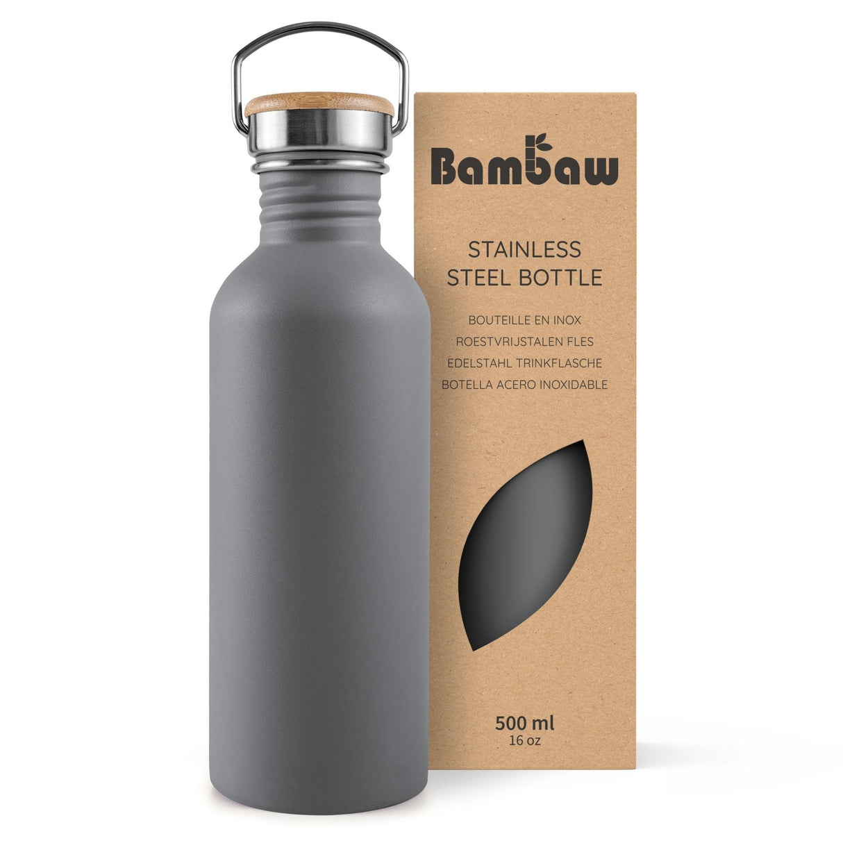Bambaw Drikkeflaske 500ml Stormy Grey i rustfritt stål, vist i emballasje med bambuslokk