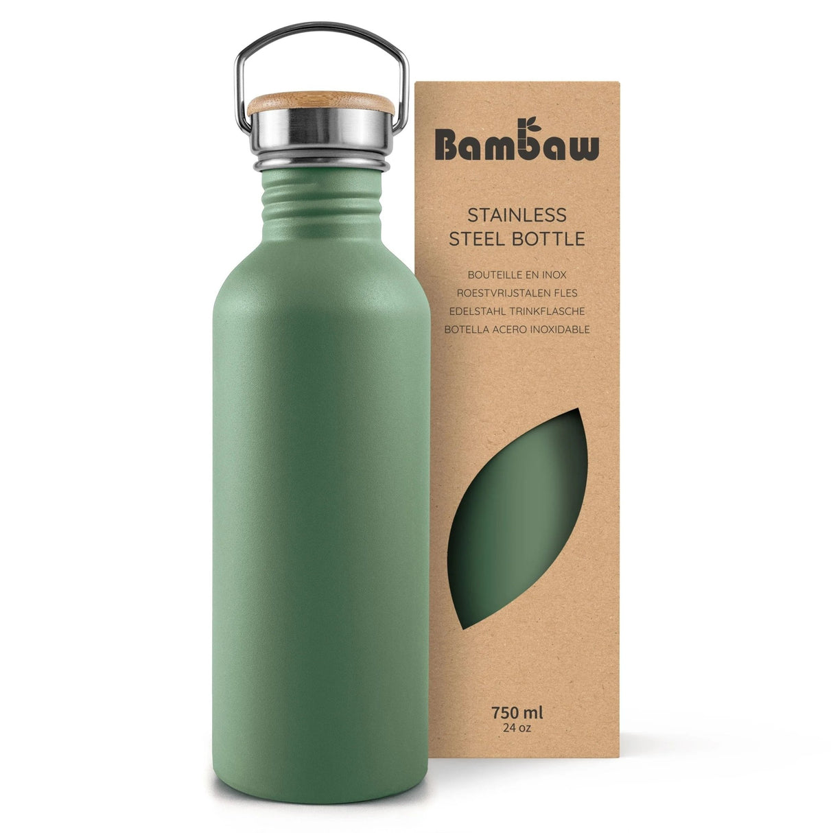 Bambaw Drikkeflaske 750ml Sage Green i rustfritt stål, vist i emballasje med logo