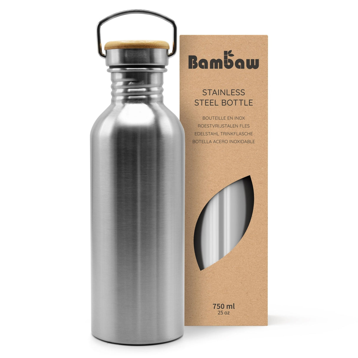 Bambaw Drikkeflaske 750ml Steel i rustfritt stål, vist i emballasje med utskjæring