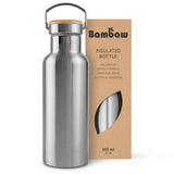 Bambaw isolert drikkeflaske 500 ml Natural Steel i rustfritt stål, vist i emballasje