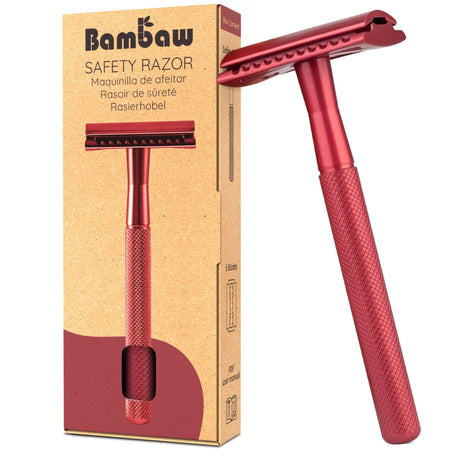 Bambaw Safety Razor barberhøvel Rød i metall, vist i emballasje og stående ved siden av