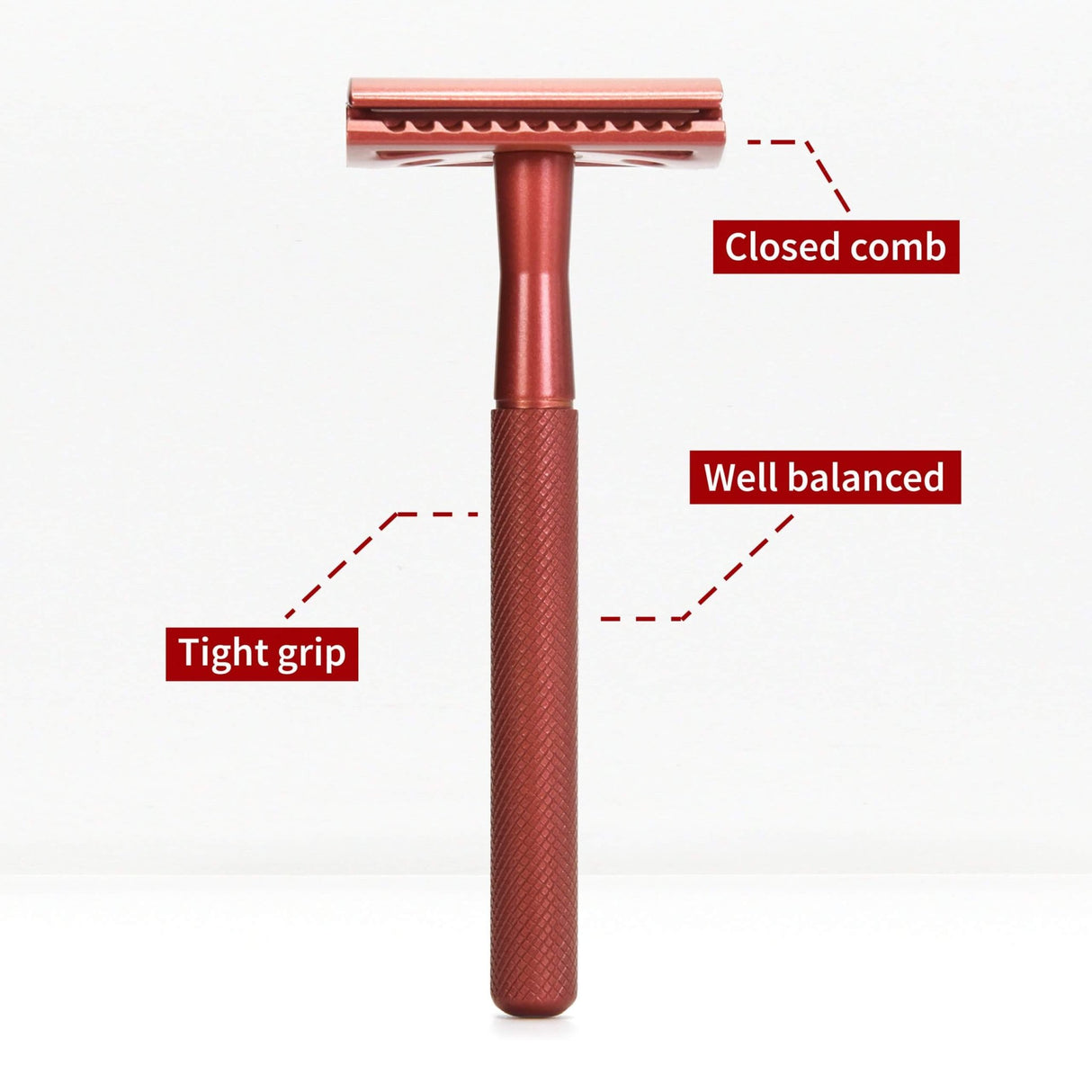 Bambaw Safety Razor barberhøvel Rød i metall, med tekst som peker på detaljer som "tight grip