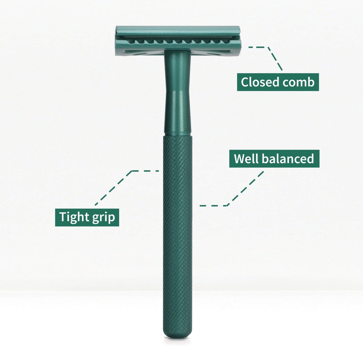 Bambaw barberhøvel Sea Green i metall, med teksturert håndtak og merkelapper for detaljer