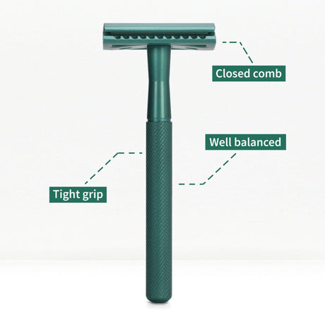 Bambaw barberhøvel Sea Green i metall, med teksturert håndtak og merkelapper for detaljer