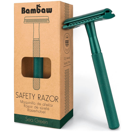 Bambaw barberhøvel Sea Green i metall, vist i emballasje med utskjæring som viser håndtaket