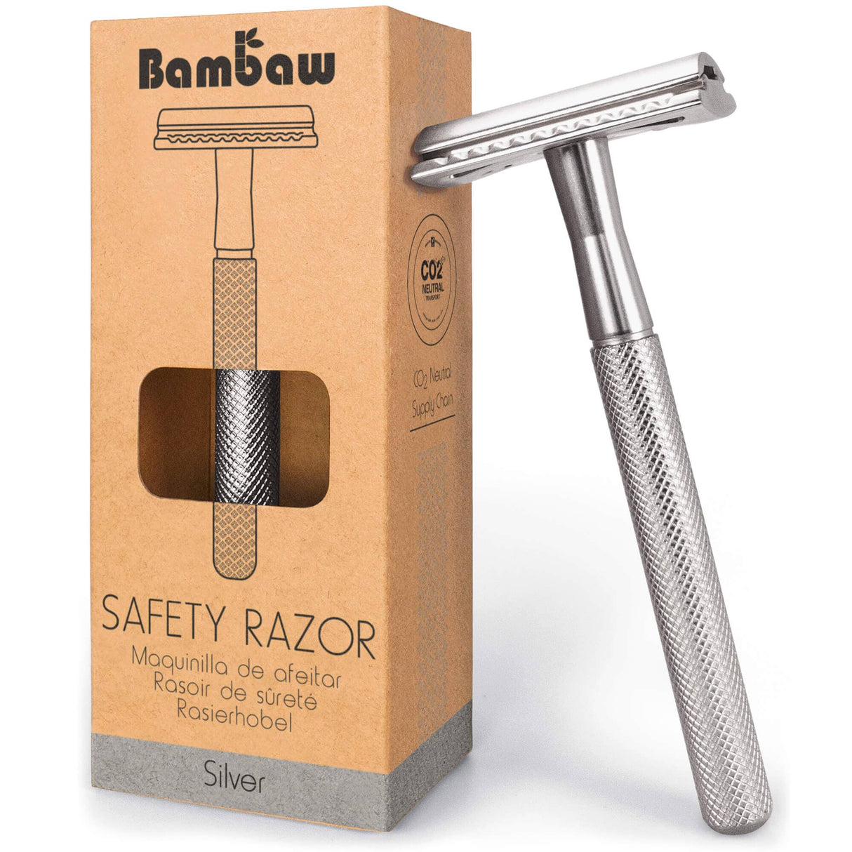 Bambaw Safety Razor barberhøvel Silver i rustfritt stål, delvis vist i emballasje