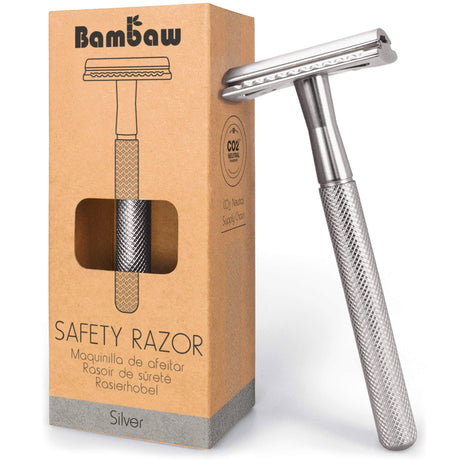 Bambaw Safety Razor barberhøvel Silver i rustfritt stål, delvis vist i emballasje