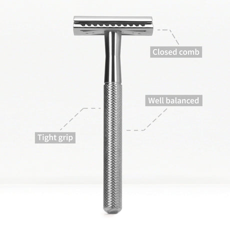 Bambaw Safety Razor barberhøvel Silver i rustfritt stål, med tekstdetaljer om grep og balanse