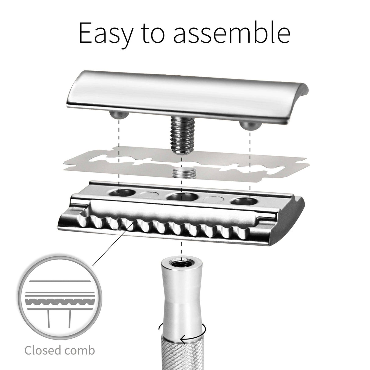 Bambaw Safety Razor barberhøvel Silver i rustfritt stål, illustrasjon av delene som skal monteres