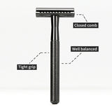 Bambaw Safety Razor barberhøvel i sort metall, med tekstbokser som peker på detaljer