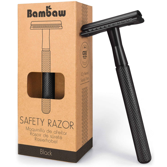 Bambaw Safety Razor barberhøvel i sort metall, delvis i emballasje av papp Suztain.no