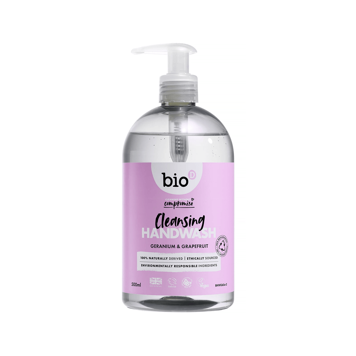 Bio-D Antibakteriell Håndsåpe 500ml Geranium & Grapefrukt i gjennomsiktig pumpeflaske, sett forfra