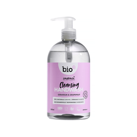 Bio-D Antibakteriell Håndsåpe 500ml Geranium & Grapefrukt i gjennomsiktig pumpeflaske, sett forfra