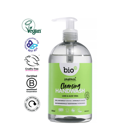Bio-D Antibakteriell Håndsåpe Lime & Aloe Vera 500ml i plastflaske, sett forfra med sertifiseringsmerker