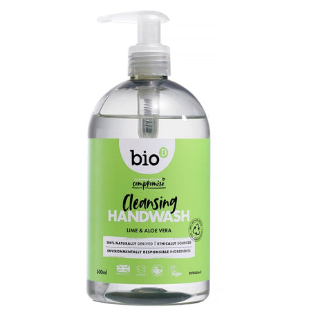 Bio-D Antibakteriell Håndsåpe Lime & Aloe Vera 500ml i plastflaske, sett forfra med hvit bakgrunn