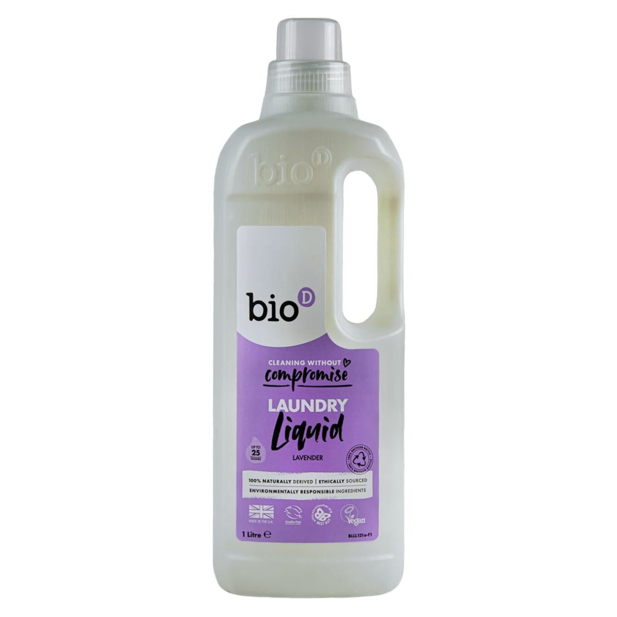 Bio-D flytende vaskemiddel lavendelduft 1 liter i hvit plastflaske med lilla etikett