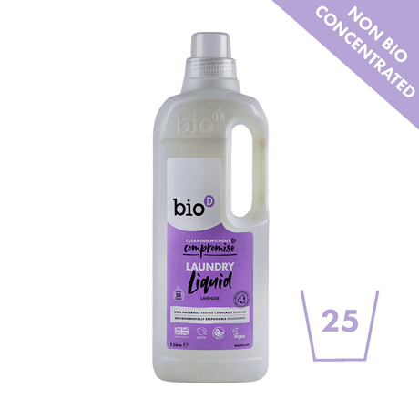 Bio-D flytende vaskemiddel lavendelduft 1 liter i hvit flaske med lilla etikett på hvit bakgrunn