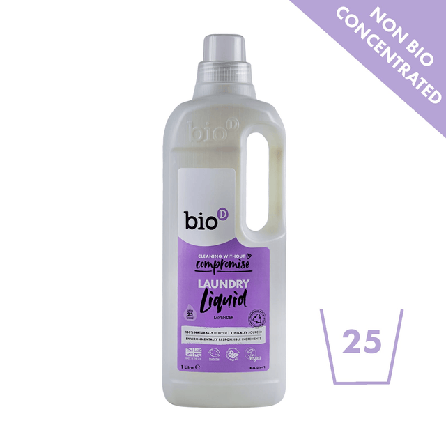 Bio-D flytende vaskemiddel lavendelduft 1 liter i hvit flaske med lilla etikett på hvit bakgrunn Suztain.no