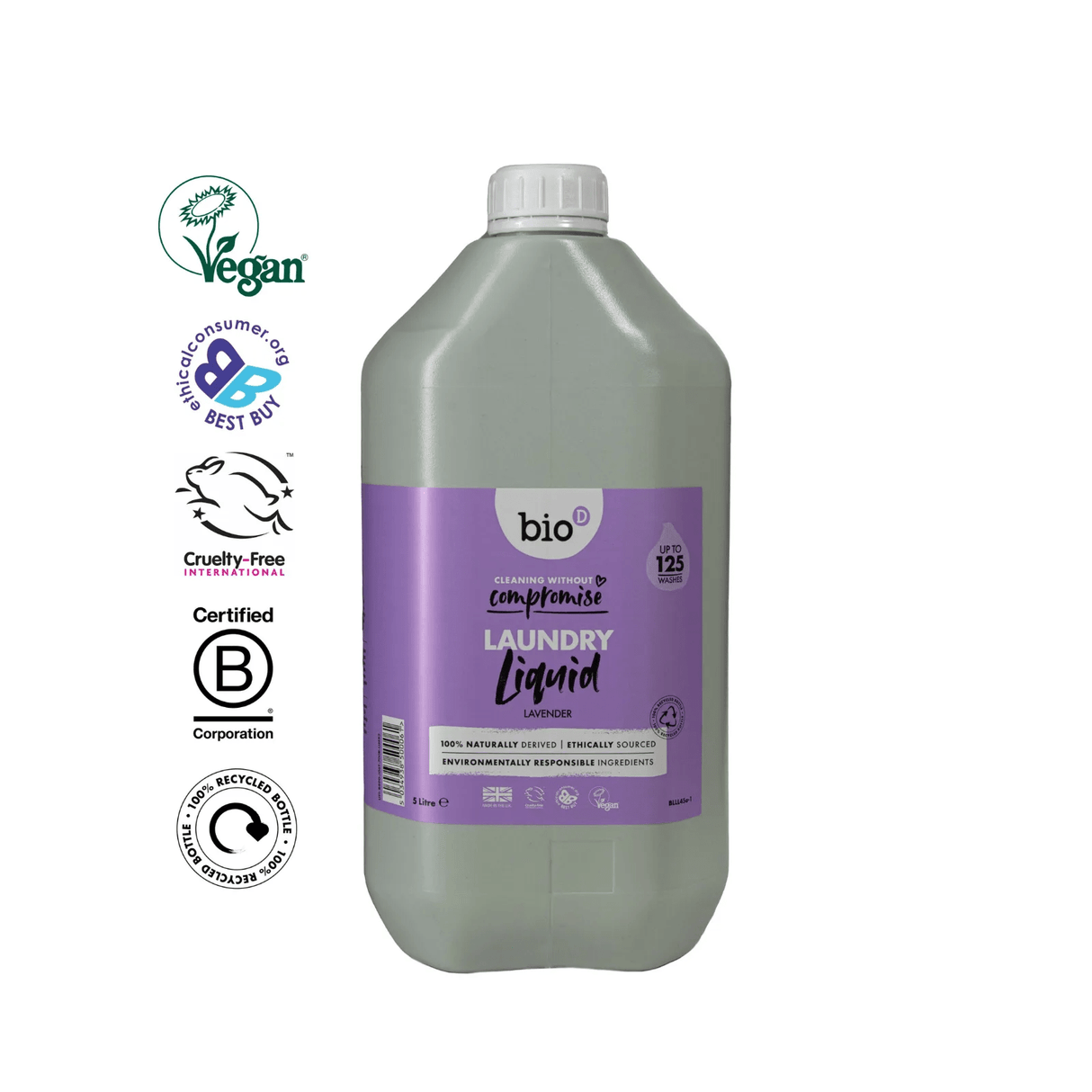 Bio-D flytende vaskemiddel lavendelduft 5 liter i grå plastkanne med sertifiseringsmerker