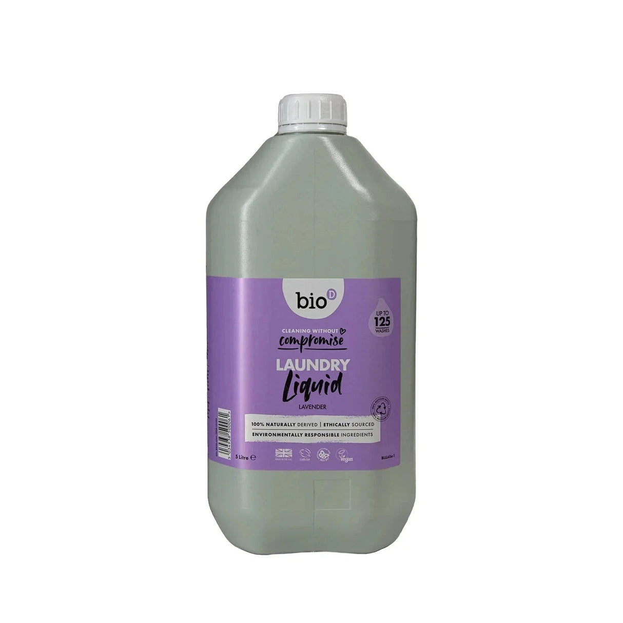Bio-D flytende vaskemiddel lavendelduft 5 liter i grå plastbeholder med lilla etikett