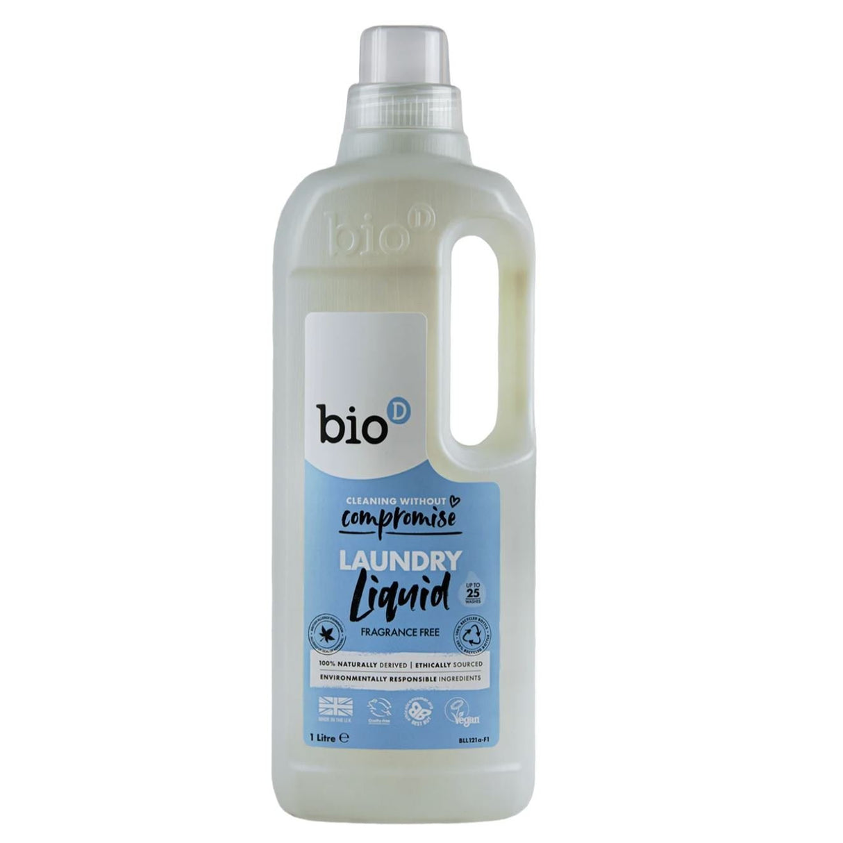 Bio-D Flytende vaskemiddel Uparfymert 1 liter i plastflaske, nærbilde av etikett og håndtak