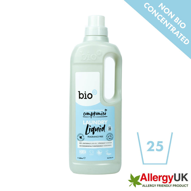Bio-D Flytende vaskemiddel Uparfymert 1 liter i lysegrønn plastflaske, sett forfra med AllergyUK-logo Suztain.no