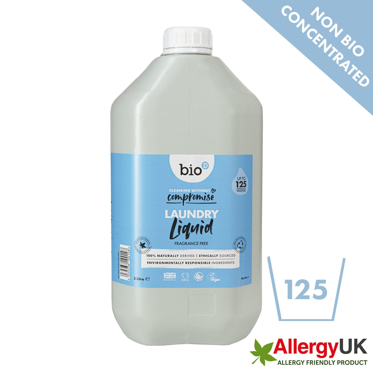 Bio-D Flytende vaskemiddel uparfymert 5 liter i plastflaske, med AllergyUK-logo og blått banner