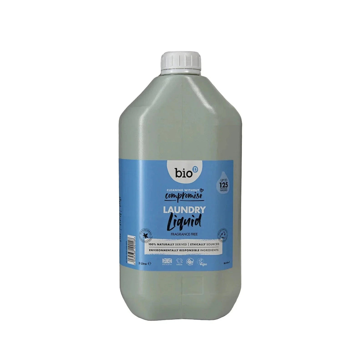 Bio-D Flytende vaskemiddel uparfymert 5 liter i plastflaske med etikett og hvit kork, sett forfra